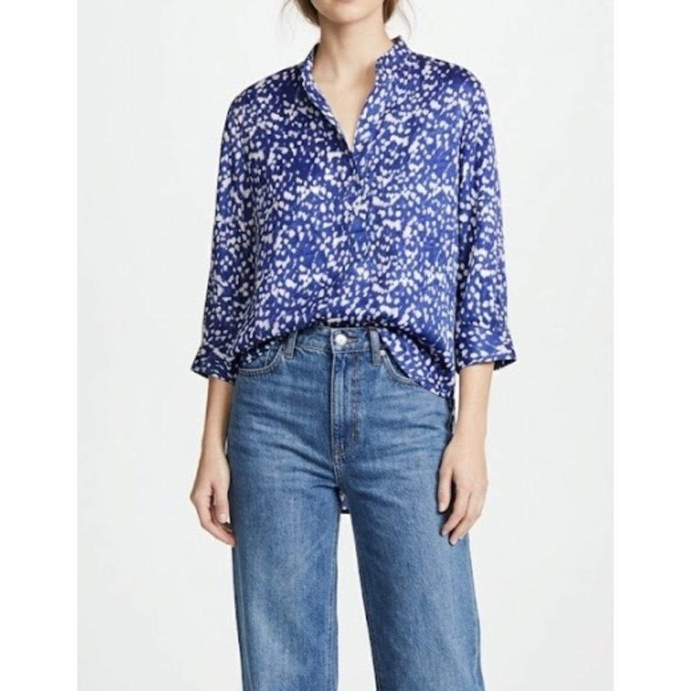Finley Top Medium Raindrop Print Blue White Popover Relax Blouse Made in USA